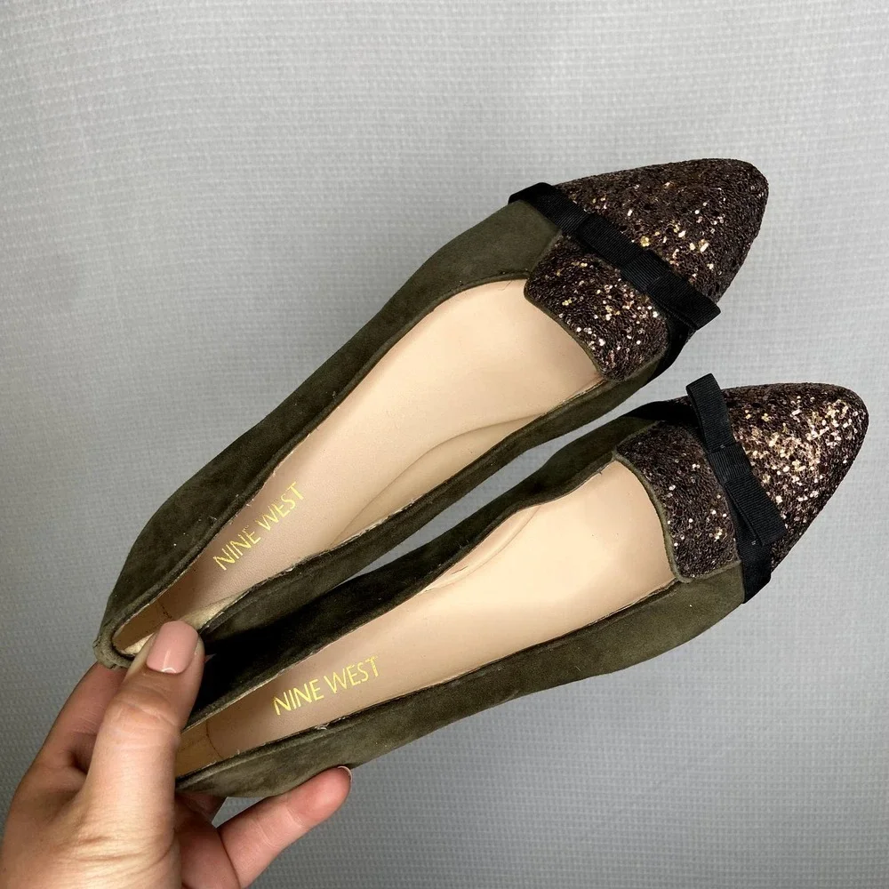 Nine West | Pointed Toe Green Flats‎ Glitter 8